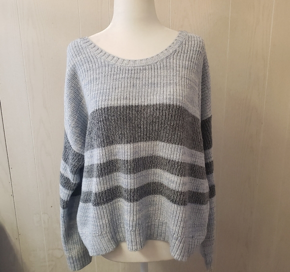 Victoria Secret grey and blue striped ribbed knit 100% cotton sweater Small - Picture 2 of 9
